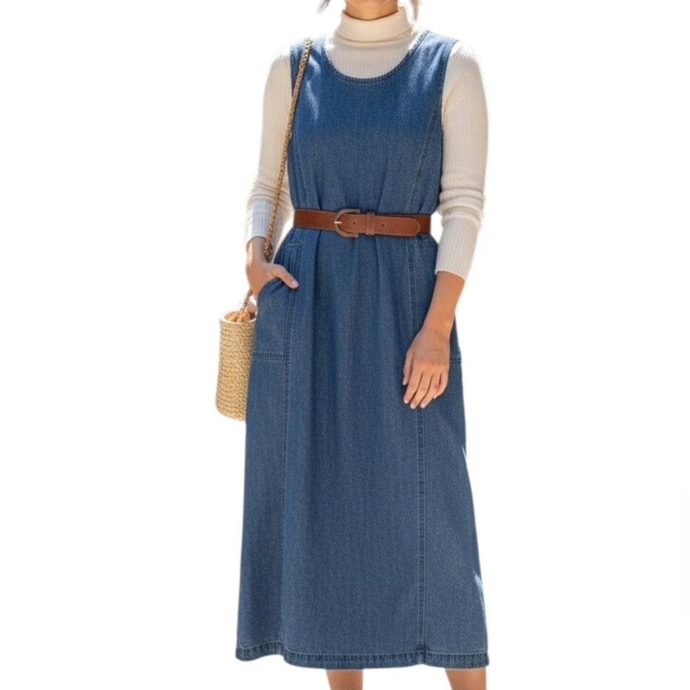 Vintage Blue Denim Jumper / Overall Maxi Dress | Size P (Petite)